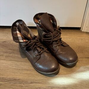Rock & Candy Brown Plaid Fold-Over Ankle Boots with Orange Accents